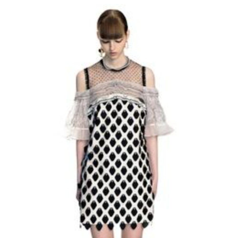 Self-Portrait Black and White Animal-Print Off-Shoulder Mini Dress